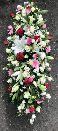 Lilies & Roses Coffin Spray in Red, Pink and White