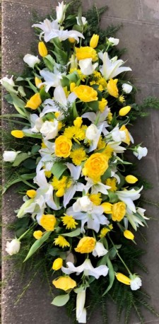Lilies and Roses Coffin Spray Yellow and White