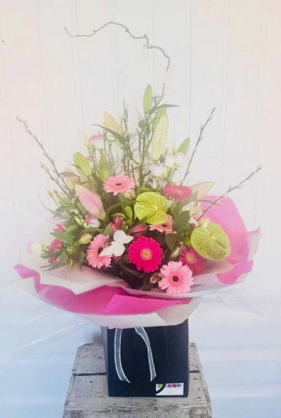 Butterfly Bouquet - Fun and Bright flowers to spoil her on Mother's Day morning! 

This pink, green and white arrangement, set within beautiful mixed green foliage, will show Mum just how special she is to you. Containing Gerberas, Lillies and Willow with a lovely butterfly adorning the arrangement.

Each bouquet is designed and created by professional, qualified, local florists, Emma and her team. The talented florists at Flowers of Kidderminster add a touch of pizazz and style to every bouquet, which is put together by hand, from scratch.

Almost what you're after? We can tailor any bouquet to your needs and budget. Want to incorporate their favourite colours? Do you want to adapt the style to your needs and budget? All colours, styles and budgets can all be catered for.

All flowers are subject to availability. Substitutes may be used but your bouquet will always look beautiful!