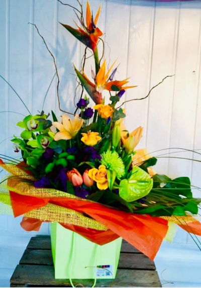 Strelitzia Surprise - Strelitzia Surprise is a stunning, tropical-inspired modern arrangement for Mother's Day.

Contains Strelitzia, Roses, Orchids, Tulips, Lilies and Lisianthus with strong green foliage and willow.

Each bouquet is designed and created by professional, qualified, local florists, Emma and her team. The talented florists at Flowers of Kidderminster add a touch of pizazz and style to every bouquet, which is put together by hand, from scratch.

Almost what you're after? We can tailor any bouquet to your needs and budget. Want to incorporate their favourite colours? Do you want to adapt the style to your needs and budget? All colours, styles and budgets can all be catered for.

All flowers are subject to availability. Substitutes may be used but your bouquet will always look beautiful!