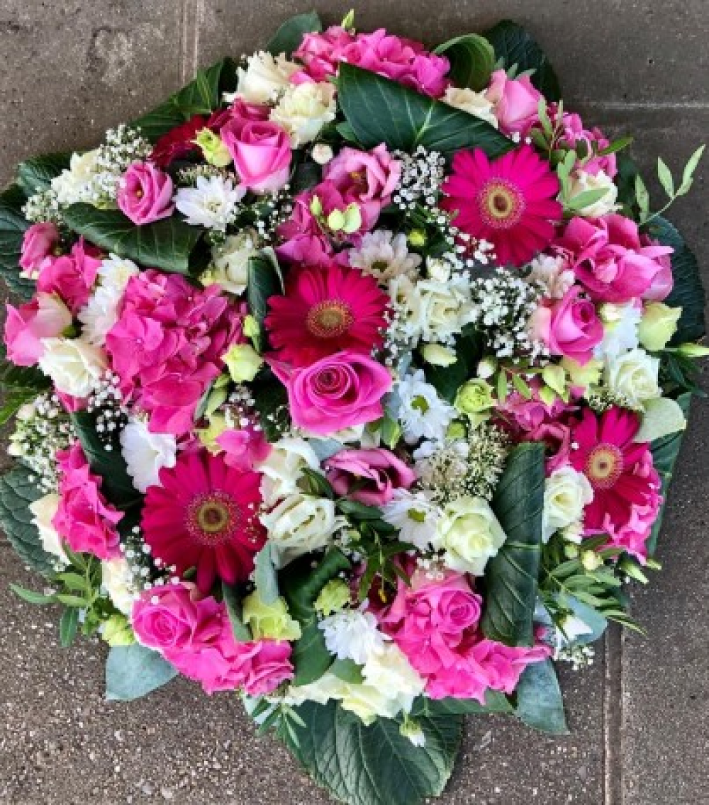 Funeral flat posy pink and white