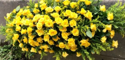 Rose Coffin Spray - This all rose, yellow double-ended coffin spray is available in 3 different lengths; 4ft, 5ft or 6ft.

Funeral Tributes which reflect the personality and the life of the person sadly departed are created with care and attention by our team of qualified, professional and local florists.

Express condolences and pay tribute with this spray, expertly prepared by professional, locally based, florists Emma and Laura. At this difficult time, Emma and her team are here to help make choosing and ordering funeral flowers and sympathy tributes a little easier.

All arrangements are created from our collection of fresh flowers at our shop in Lisle Avenue, Kidderminster. 

Almost what you're after? We tailor all funeral tributes to your specific requirements. We can incorporate their favourite colours or create a style that reflects their personality. Come in and talk to us about what you would like and we will create it for you.

All flowers are subject to availability. Substitutes may be used but your tribute will always look beautiful!

Funeral Tributes can be delivered on the day to a location of your choice.