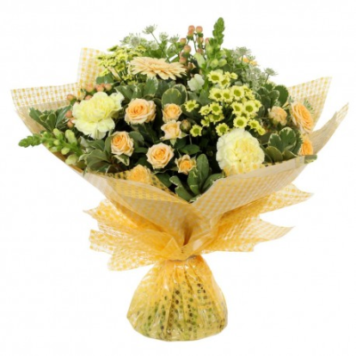 Morning Sunrise - Energise their day with a stunning surprise of this yellow and peach hand-tied bouquet. A warm collection of seasonal flowers artistically arranged by an artistic florist. Available for same day delivery when ordered before 2pm.