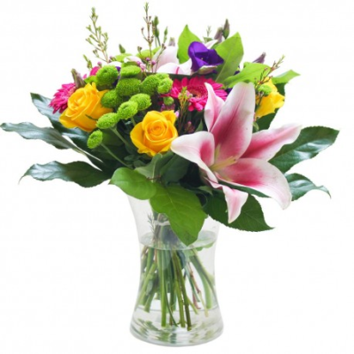 Vibrant Wishes - A glorious mix of flowers in vibrant colours in a glass vase. A gorgeous floral gift perfect for any occasion and a gift that's easy to keep.

Roses, Gerberas, Lisianthus, Achillea and Wax Flowers set within lush green foliage and presented in a glass vase.

Vase may vary. Please contact us to discuss what we have available.