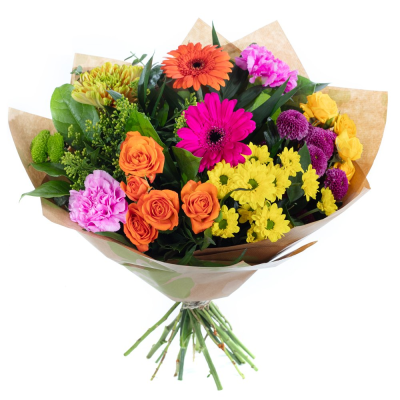 Rainbow Radiance - Joyful, bright, and bursting with personality — Rainbow Radiance is a celebration of colour and energy. With its lively mix of bold blooms and fresh greenery, this hand-tied design adds instant happiness and a playful touch to any space.