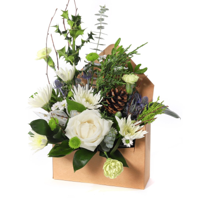 Letter to Santa (White) - A frosty twist on festive florals, Letter to Santa (White) captures the magic of winter in a charming envelope-style design. Filled with soft white tones, natural textures, and evergreen accents, it’s a refreshing and graceful gift for the season